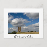 Broadway Tower, Cotswolds white text postcard