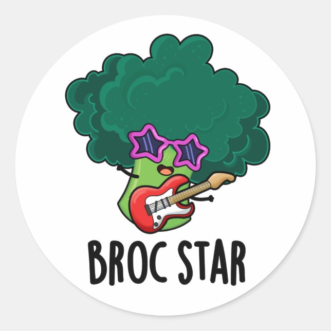 Broc Star Funny Brocolli Rock Star Pun  Classic Round Sticker (Front)