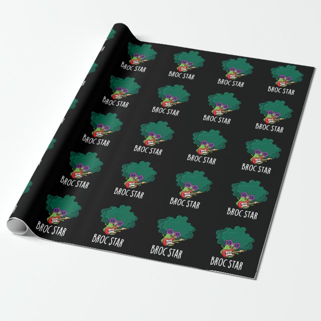 Broc Star Funny Brocolli Rock Star Pun Dark BG Wrapping Paper (Unrolled)