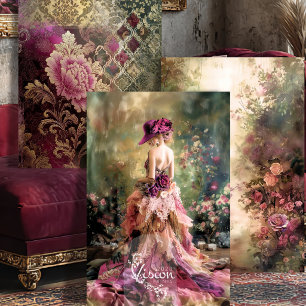 Brocade Garden Magenta Rose Damask Ballgown Set Wrapping Paper Sheet