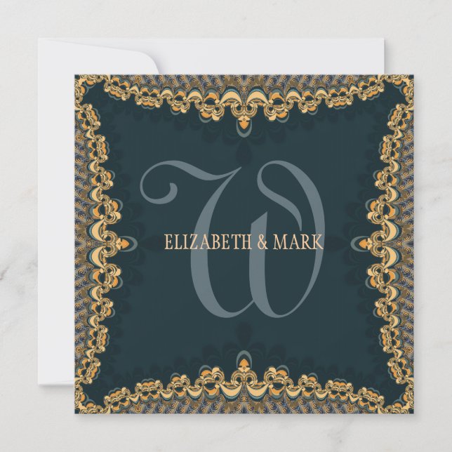 Brocade Monogram Teal & Gold Wedding Invitation (Front)
