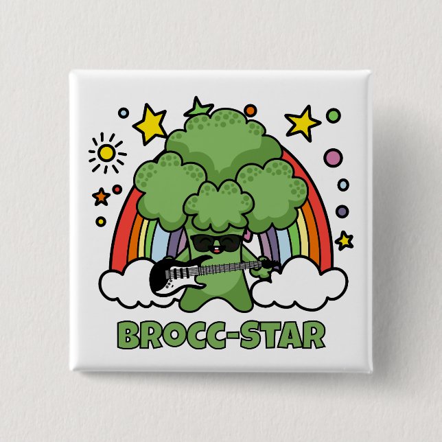 Broccoli Playing Guitar, Brocc Star and Rainbows 15 Cm Square Badge (Front)