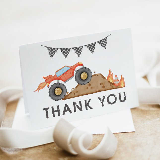 BRODI Red Monster Truck Birthday Party Thank You Card (Creator Uploaded)