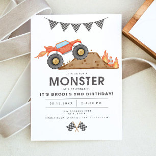 BRODI Red Monster Truck Boy Birthday Invitation