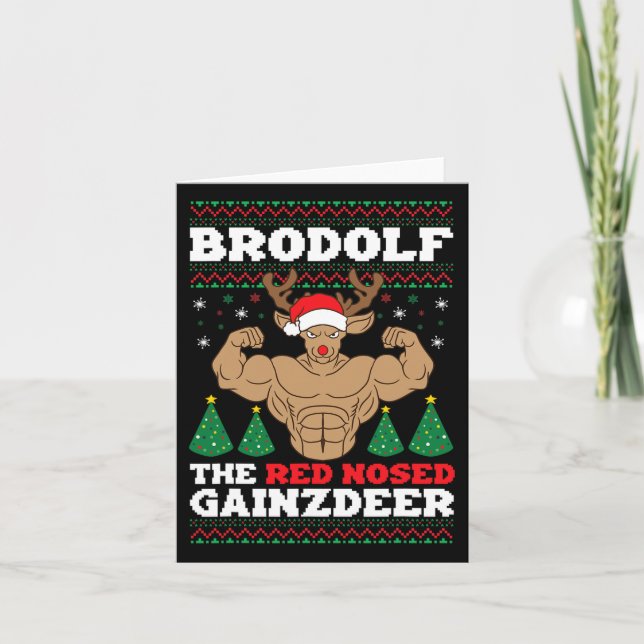 Brodolf Funny Christmas Buff Reindeer Gym Bodybuil Card (Front)