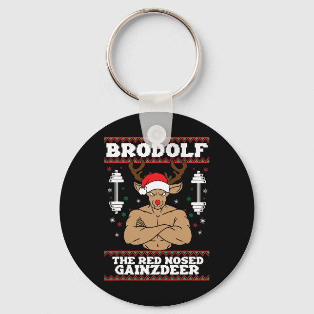 Brodolf Funny Christmas Buff Reindeer Gym Bodybuil Key Ring (Front)
