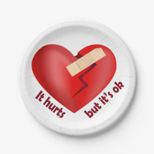 Broken heart healed with patch and life quote paper plate