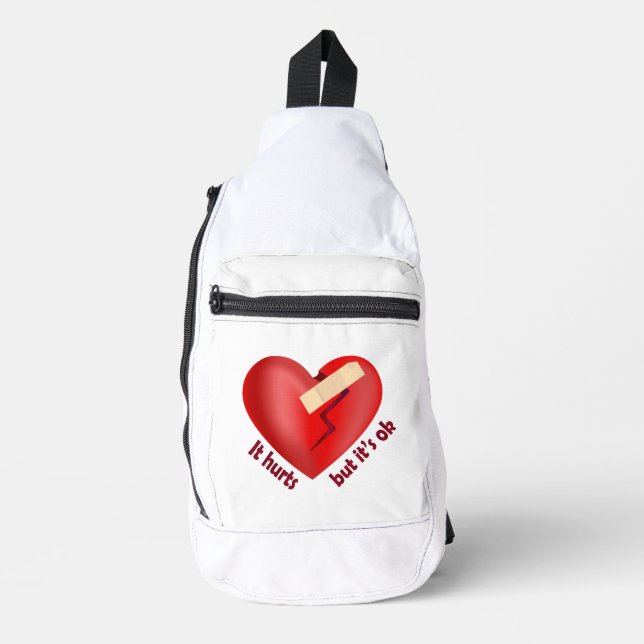 Broken heart healed with patch and life quote sling bag (Front)