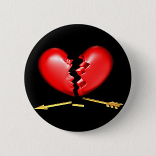 Broken heart with broken golden arrow 6 cm round badge