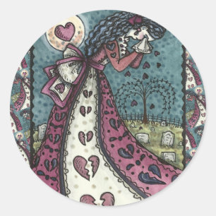BROKEN HEARTED WEEPING VALENTINE, CEMETERY GOTH CLASSIC ROUND STICKER