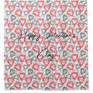 Broken hearts in red and grey on white shower curtain
