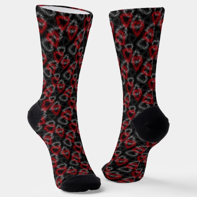 Broken hearts red and grey on black background socks (Angled)