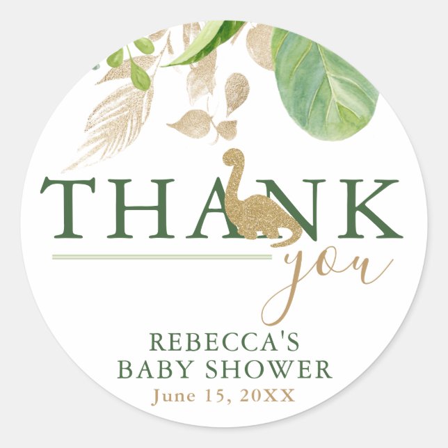 Brontosaurus Dinosaur Green and Gold Baby Shower Classic Round Sticker (Front)