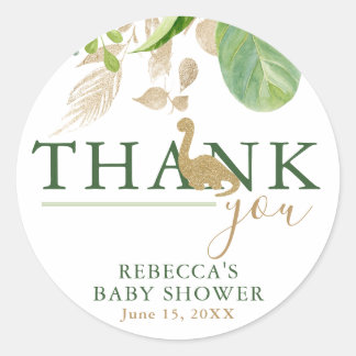 Brontosaurus Dinosaur Green and Gold Baby Shower Classic Round Sticker