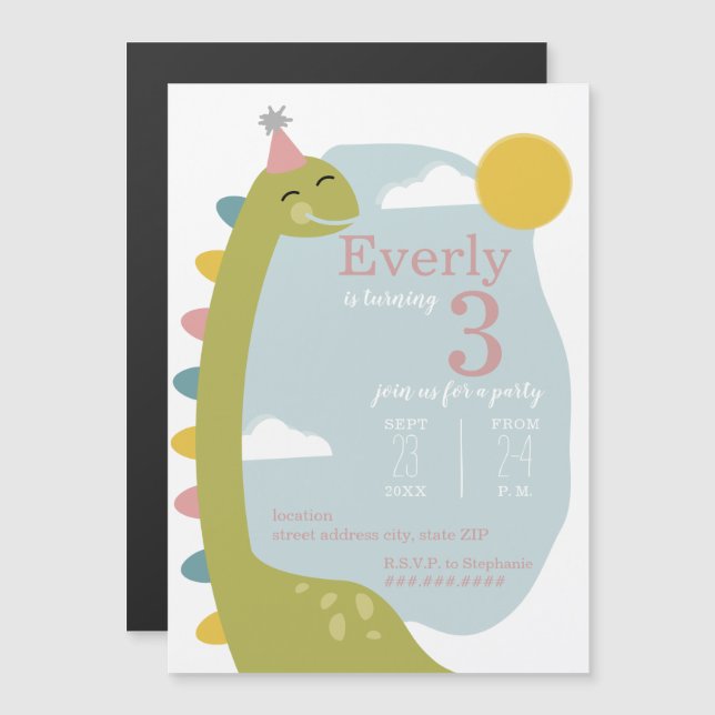 Brontosaurus Dinosaur Pink Birthday Magnetic Invitation (Front/Back)