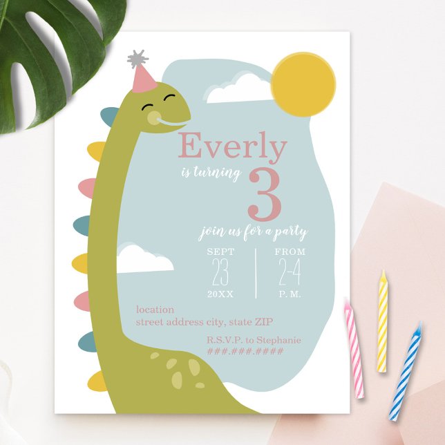 Brontosaurus Sky Dinosaur Girl's Birthday Invitation (Creator Uploaded)