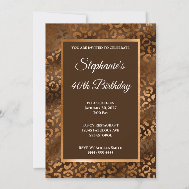 Bronze and Brown Foil Leopard Glam 40th Birthday Invitation (Front)