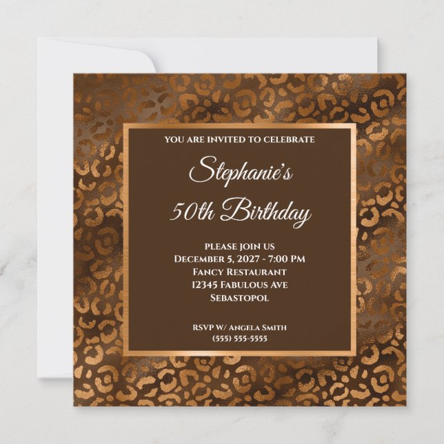 Bronze and Brown Foil Leopard Glam 50th Birthday Invitation (Front)