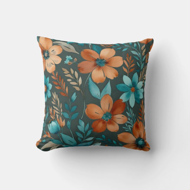 bronze and teal flowers cushion (Front)