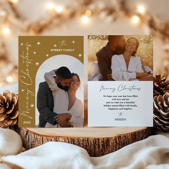 Bronze Arch Modern Script 2 Photo Merry Christmas  Holiday Card (Creator Uploaded)