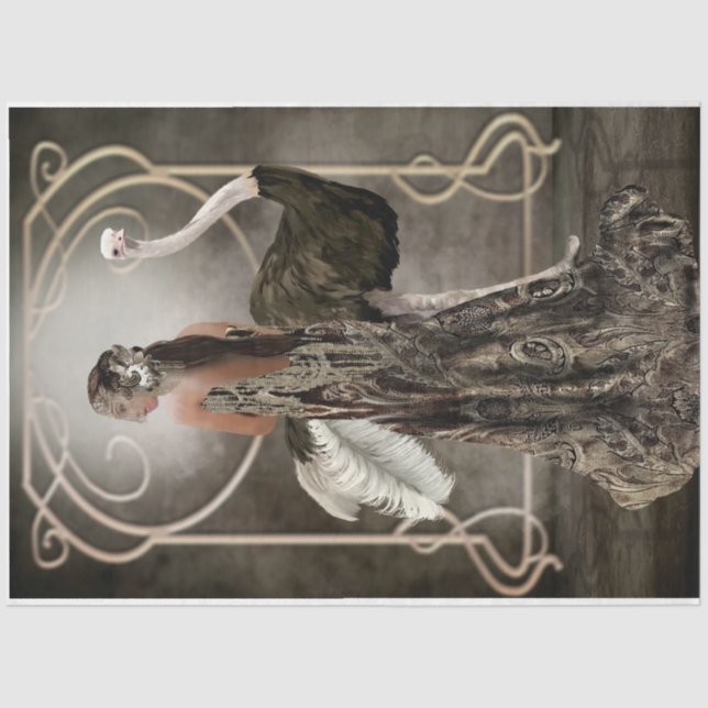 Bronze Art Deco  Elegant Lady Ostrich Portrait Art Tissue Paper (Front)