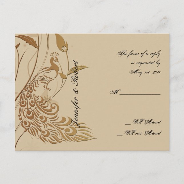 Bronze Art Deco Peacock Floral RSVP Postcard v2 (Front)