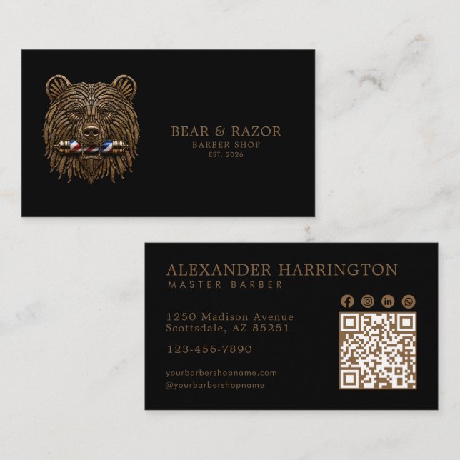 Bronze Bear Professional Barber Shop Qr Code Business Card (Front/Back)