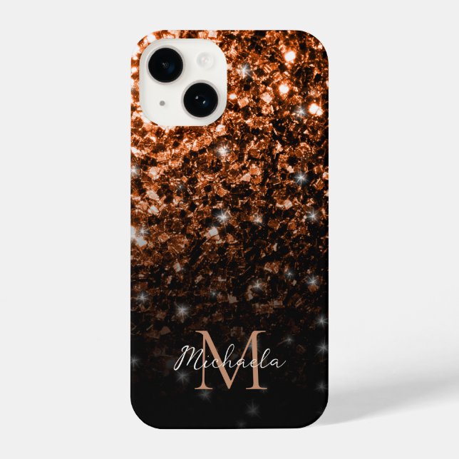 Bronze brown copper faux glitter sparkles Monogram iPhone Case (Back)