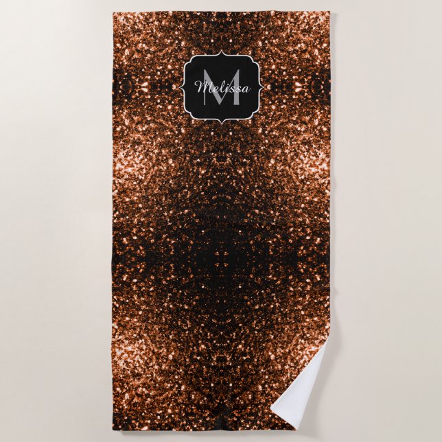 Bronze brown copper faux glitters sparkle Monogram Beach Towel (Front)