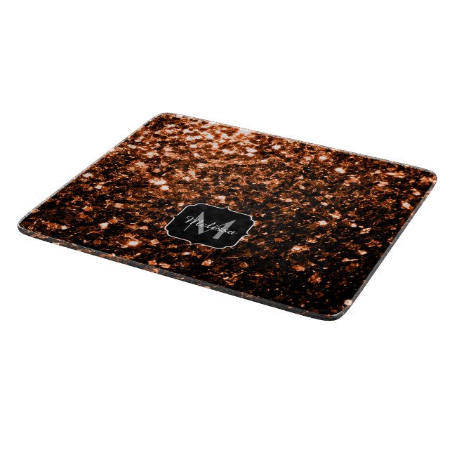 Bronze brown copper faux glitters sparkle Monogram Cutting Board (Corner)