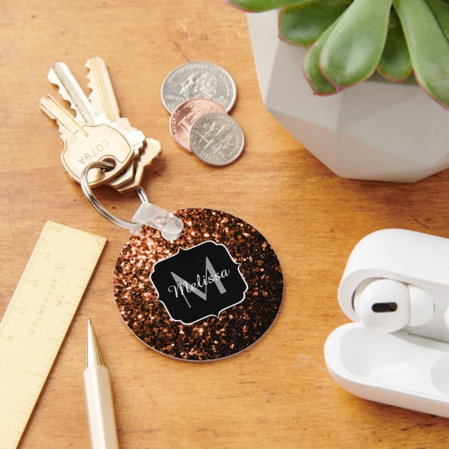 Bronze brown copper faux glitters sparkle Monogram Key Ring (Desk)