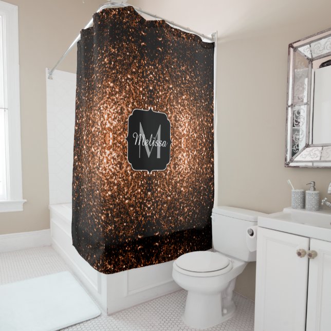 Bronze brown copper faux glitters sparkle Monogram Shower Curtain (In Situ)