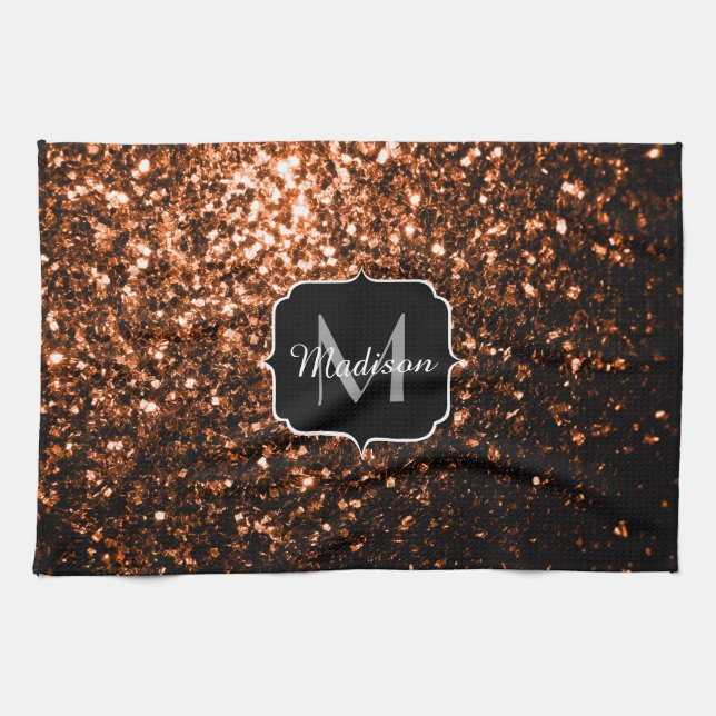 Bronze brown copper faux glitters sparkle Monogram Tea Towel (Horizontal)