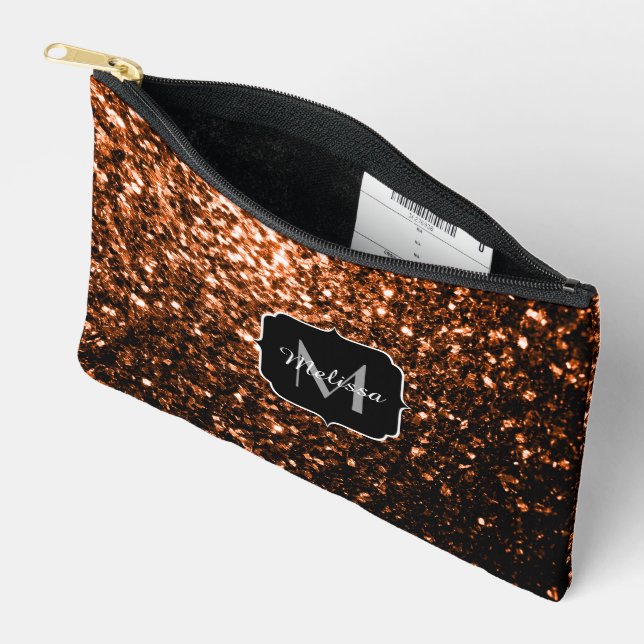 Bronze brown faux glitter sparkles Monogram Accessory Pouch (Open)