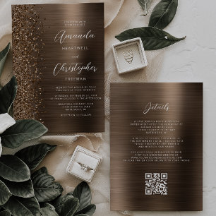 Bronze Brushed Metal Glitter QR Code Wedding Invitation