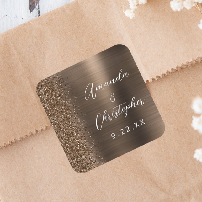 Bronze Brushed Metal Glitter Script Wedding Square Sticker (Creator Uploaded)