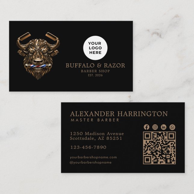 Bronze Buffalo Professional Barber Shop Qr Code Business Card (Front/Back)