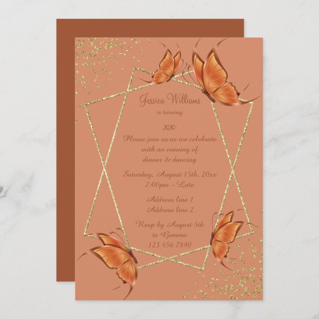 Bronze Butterflies, Glitter & Confetti Birthday Invitation (Front/Back)