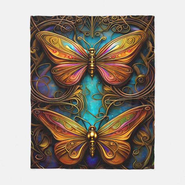 Bronze Butterflies on Aqua Blue Fleece Blanket (Front)