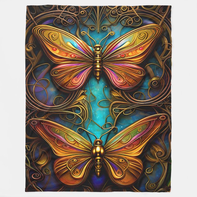 Bronze Butterflies on Aqua Blue  Fleece Blanket (Front)