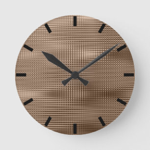 Bronze Coffee Minimal Metallic Grill Stripes Black Round Clock