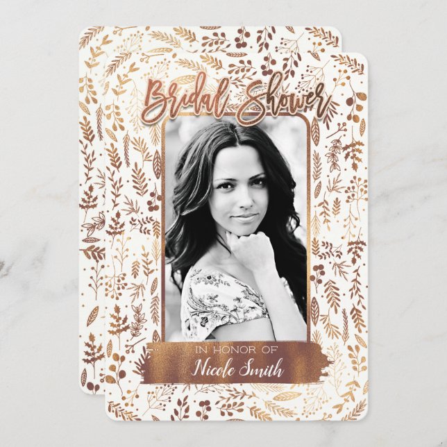 Bronze Copper Gold Foil Modern Bridal Shower Photo Invitation (Front/Back)