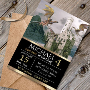 Bronze Dragon Mediaeval Castle Metallic Birthday Invitation