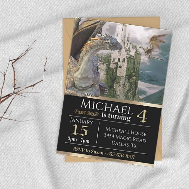 Bronze Dragon Mediaeval Castle Metallic Birthday Invitation (Creator Uploaded)