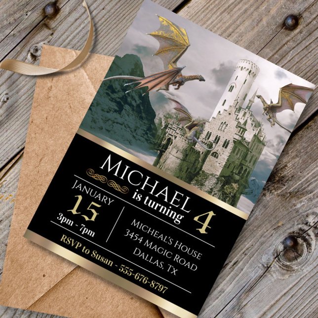 Bronze Dragon Mediaeval Castle Metallic Birthday Invitation (Creator Uploaded)