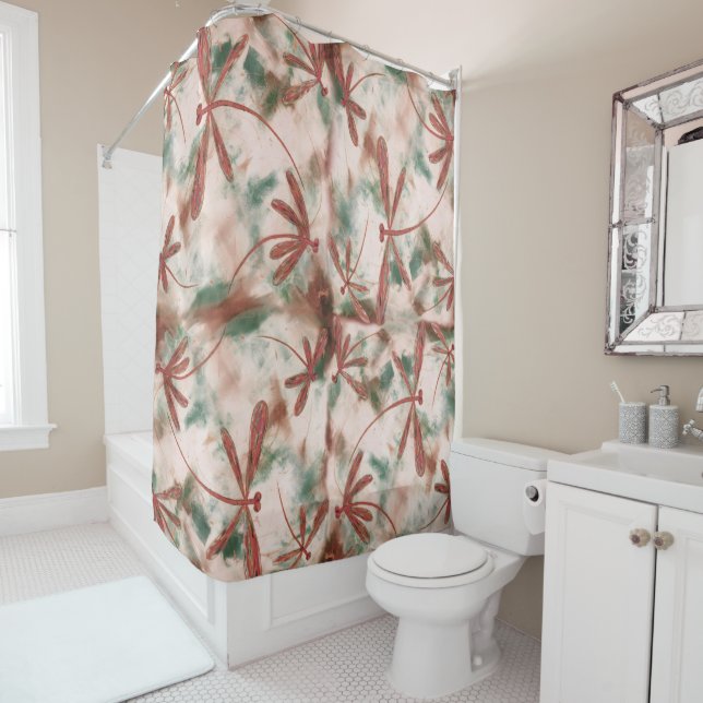 Bronze Dragonflies Green Splash Shower Curtain (In Situ)
