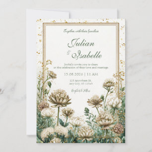 Bronze Emerald Watercolor Astrantia Wedding Invitation