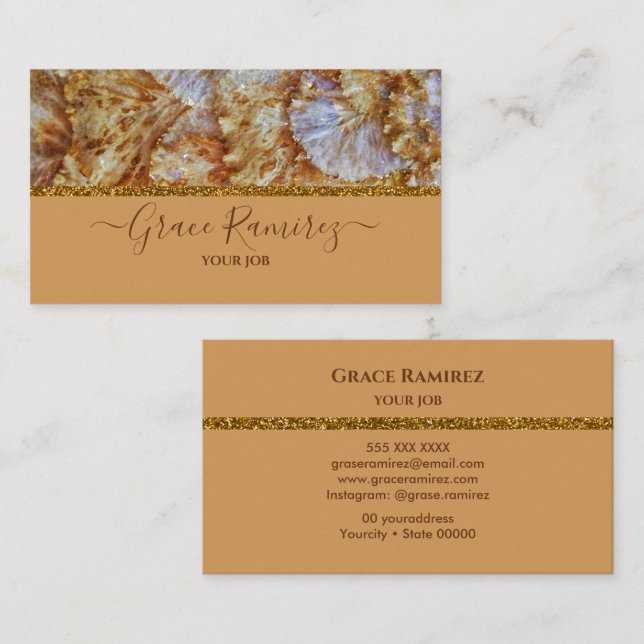 Bronze | Faux Gold Glitter Marble Agate Monogram Business Card (Front/Back)