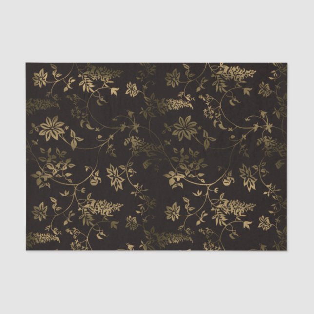 Bronze Flowers and Leaves on Black Background Tissue Paper (Front)