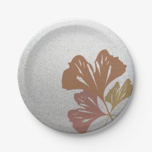 Bronze Ginkgo Leaves on Silver Effect Pattern Paper Plate